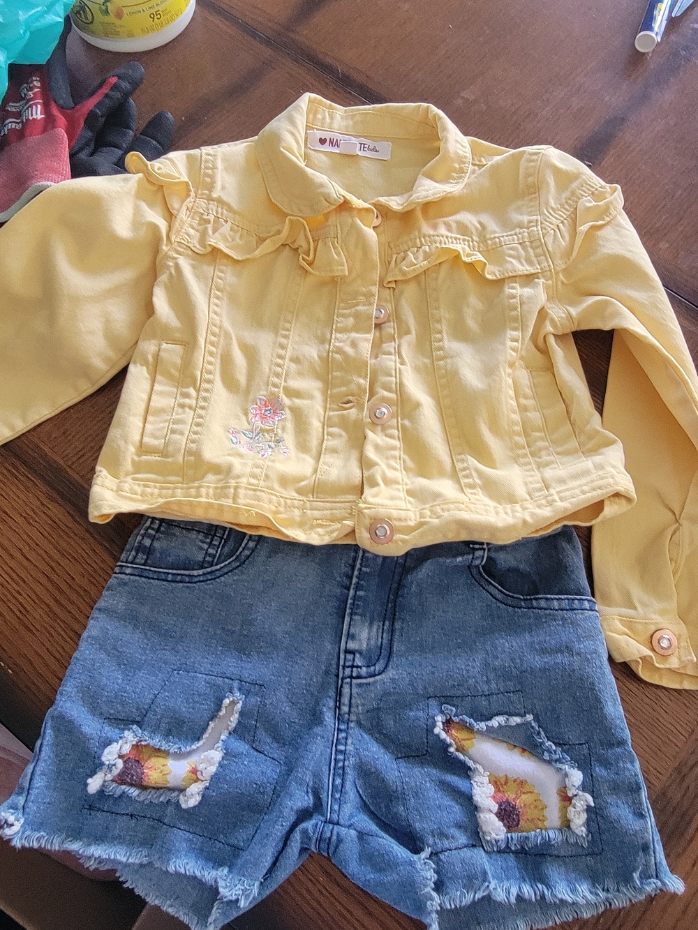 Nannette Yellow Ruffle Denim Jacket Girls 6X Distressed Sunflower Patched Short